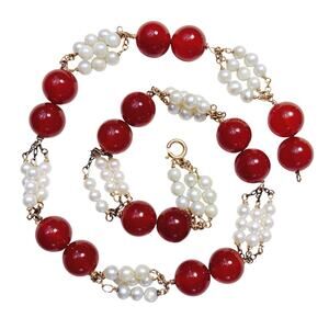 VTG 15" Necklace Semi-Precious Carnelian Bead Faux Pearls 14k Gold Plated Choker